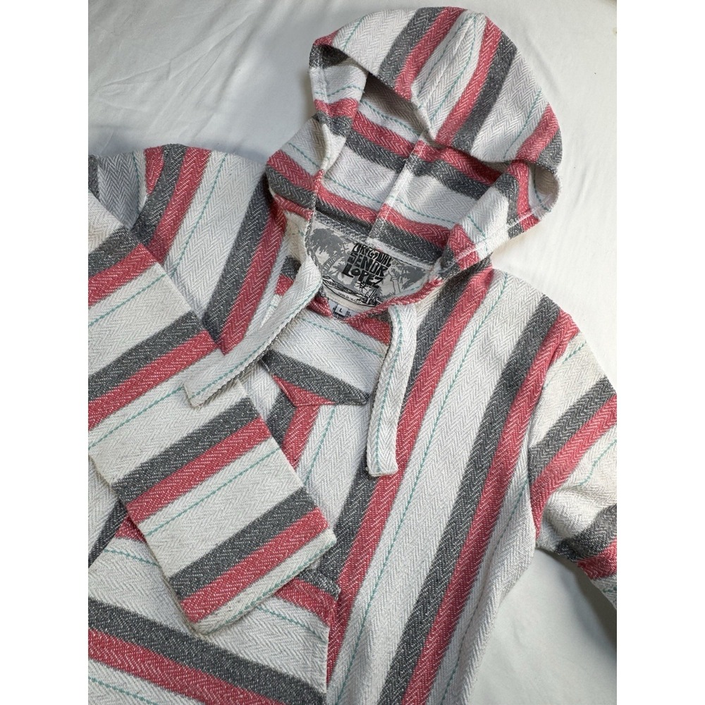 Senor Lopez Womens Baja Hoodie L Pink/Gray Green Striped Mexican Pullover Pocket